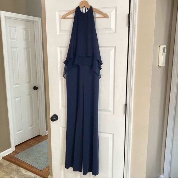 Elizabeth and James Baldwin Silk Chiffon Navy Halter Jumpsuit, Size 2 - Picture 4 of 13